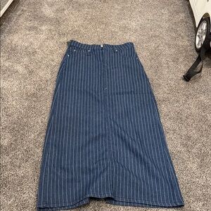 Navy Pinstripe Denim Midi Skirt